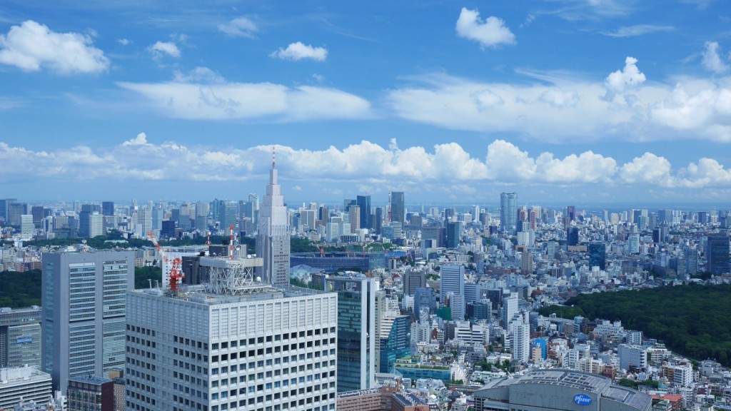 正面に東京タワーと六本木ヒルズが見えます。中央部分に見えるのは、建設中の国立競技場です。